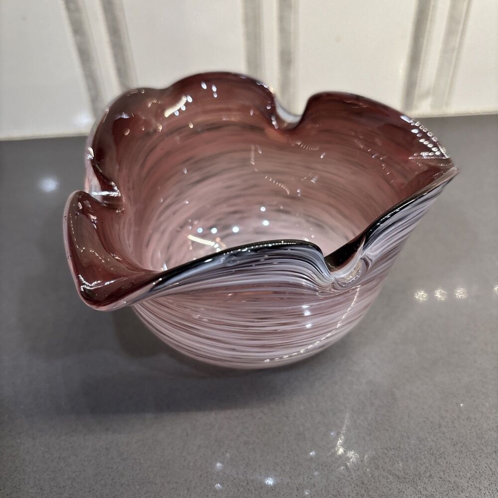 Vintage Murano Style Purple White Art Glass Small Bowl Triangular Ash Tray